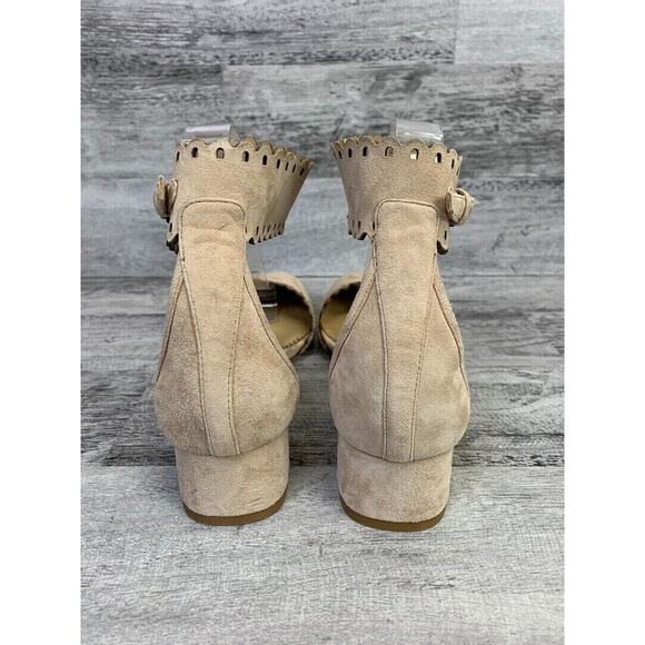 Leon Max Womens Scalloped Ankle Strap Suede Block Heel Flats Size 7.5 Beige - Picture 3 of 8